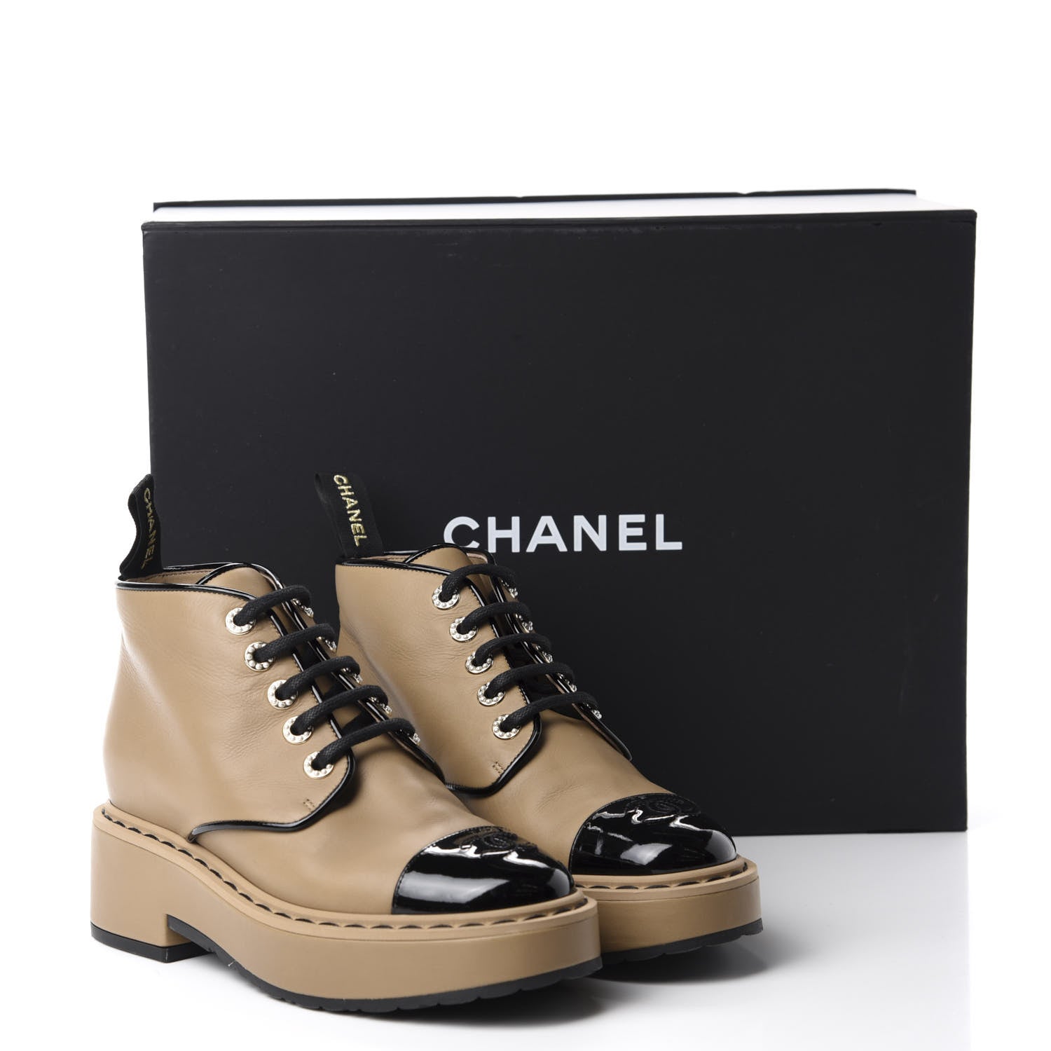 Chanel Calfskin Lace Up CC Short Boots 37 Beige Black 15 of 15
