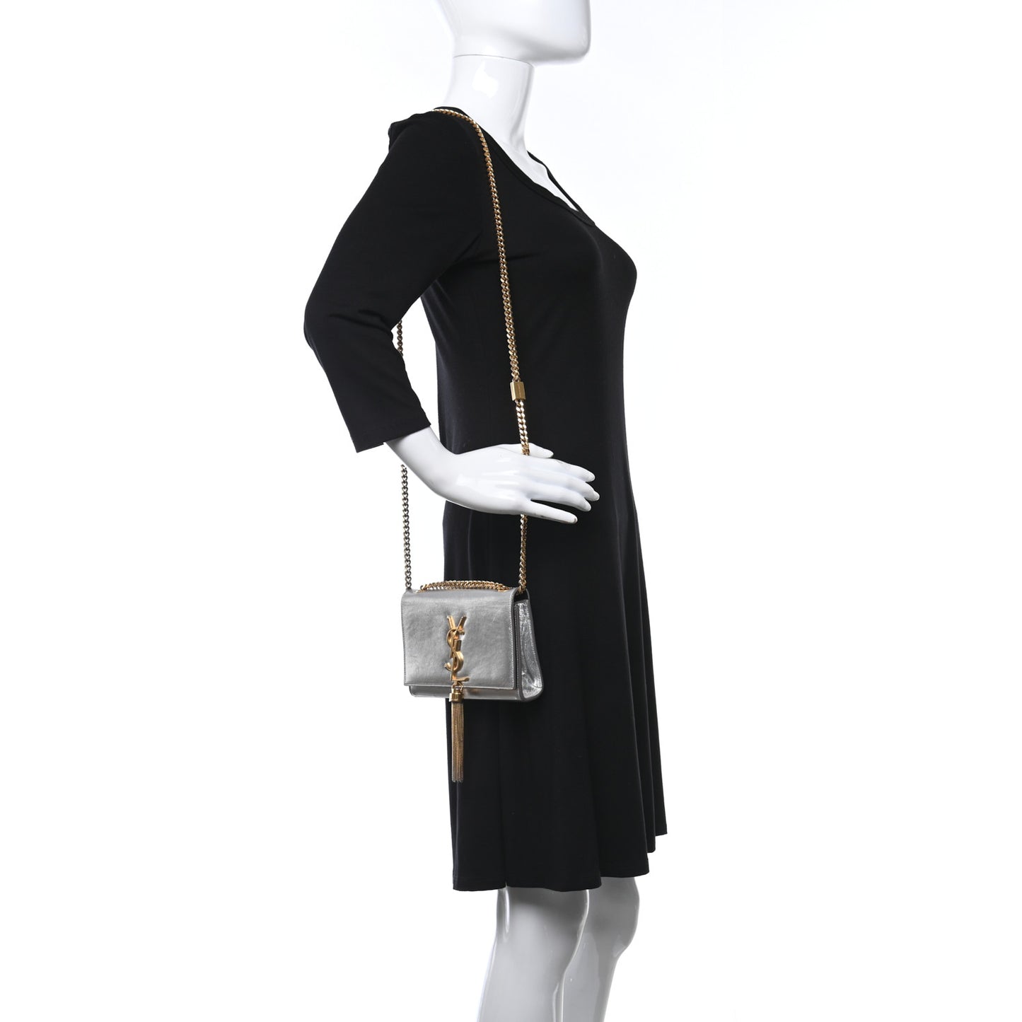 Metallic Calfskin Small Classic Monogram Kate Tassel Satchel Silver
