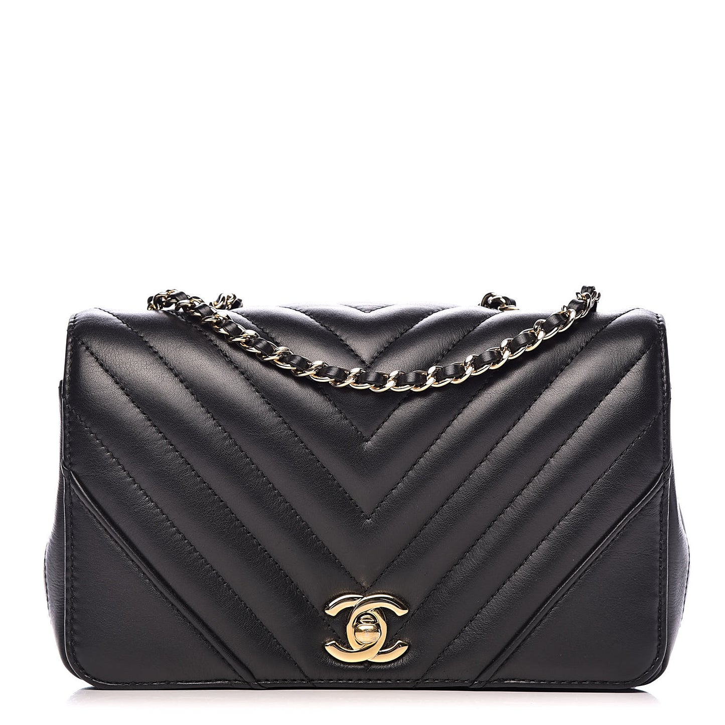 Calfskin Chevron Quilted Mini Statement Flap Black