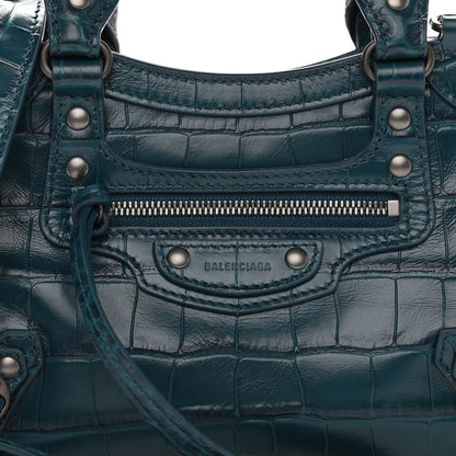 Balenciaga Calfskin Crocodile Embossed Neo Classic Silver Hardware Mini City Dark Petrol Blue 7 of 9