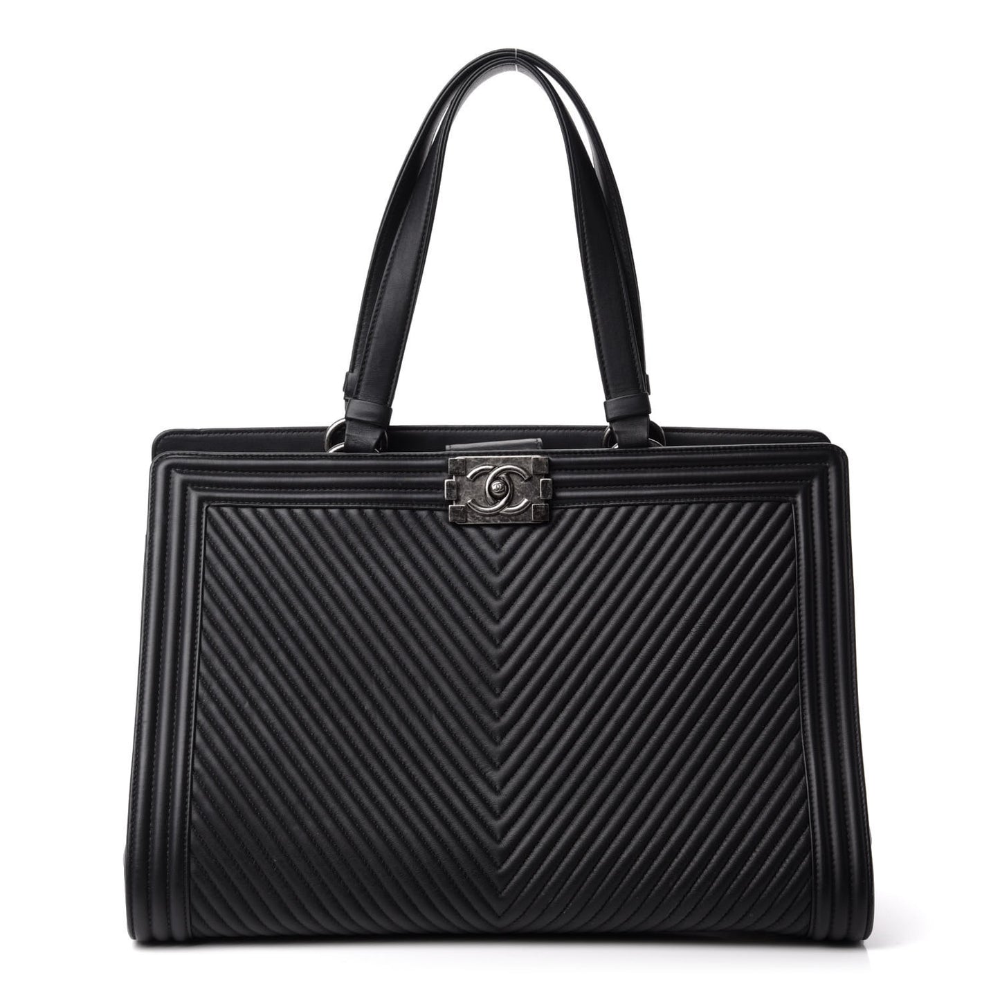 Calfskin Chevron Quilted Boy Shopping Tote Black