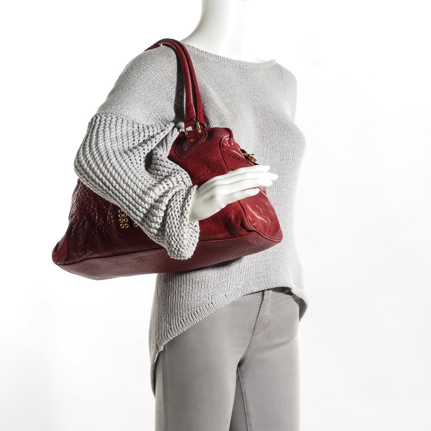 Distressed Lambskin Grommet Bag De Jour Rosso