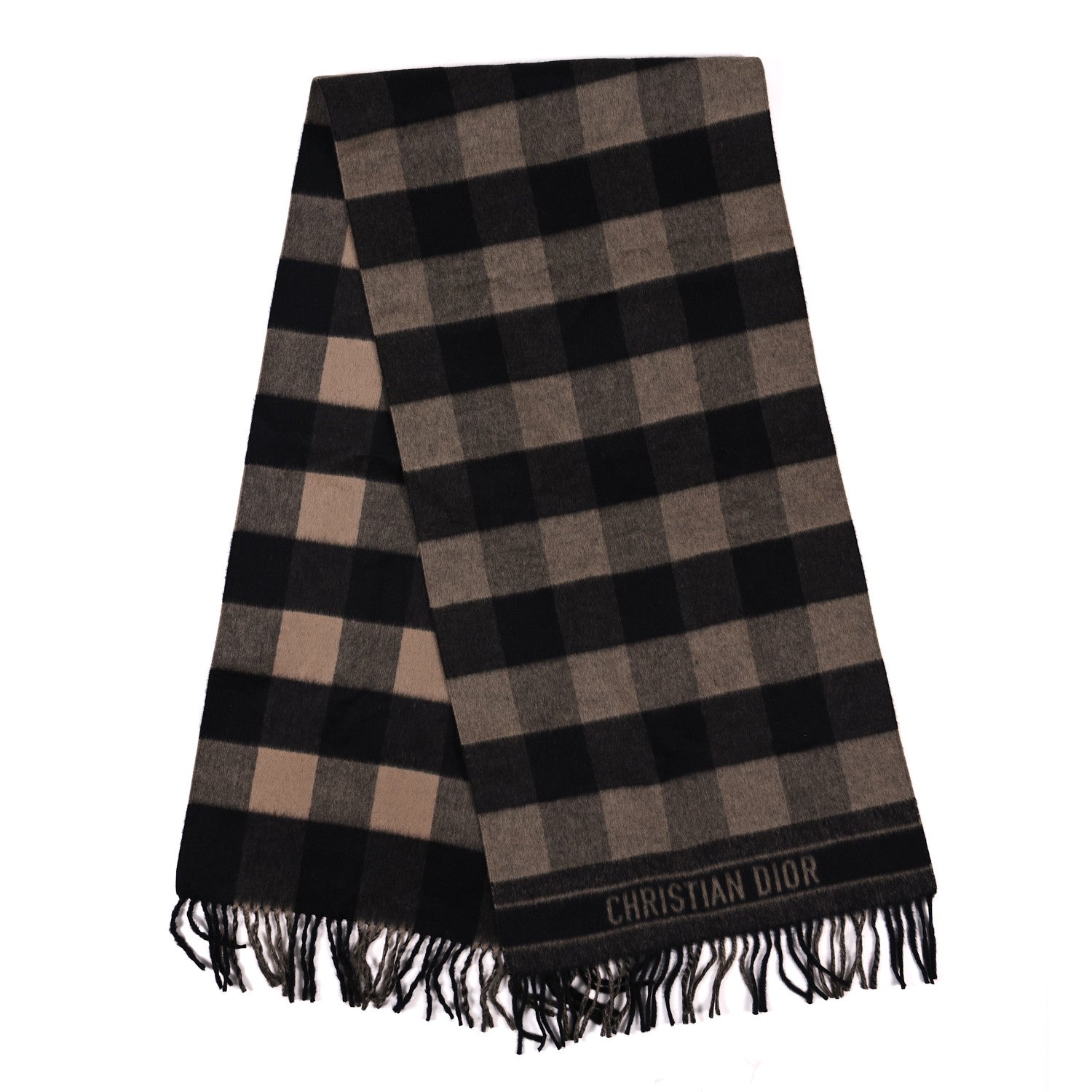 Christian Dior Wool Plaid Fringe Scarf Beige Navy 2 of 4