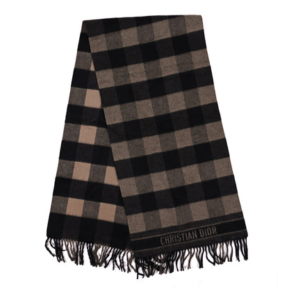 Christian Dior Wool Plaid Fringe Scarf Beige Navy 2 of 4
