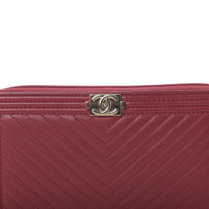 Chanel Lambskin Chevron Quilted Zip Around Boy Wallet Red 14 of 15