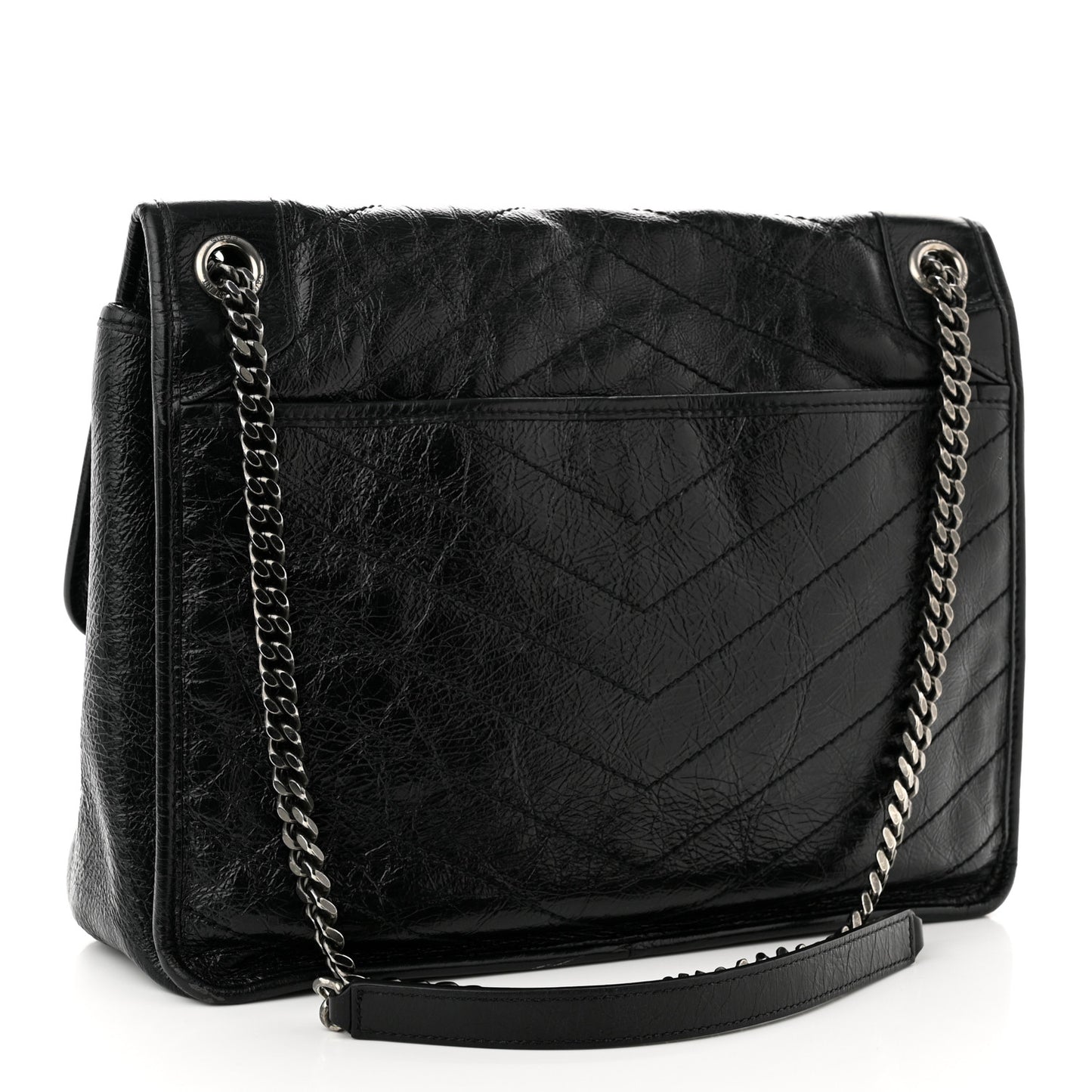 Crinkled Calfskin Matelasse Monogram Large Niki Chain Satchel Black