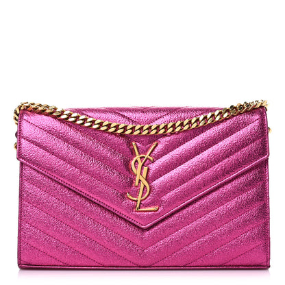 Saint Laurent Metallic Crackled Calfskin Matelasse Chevron Monogram Chain Wallet Fuchsia 1 of 16