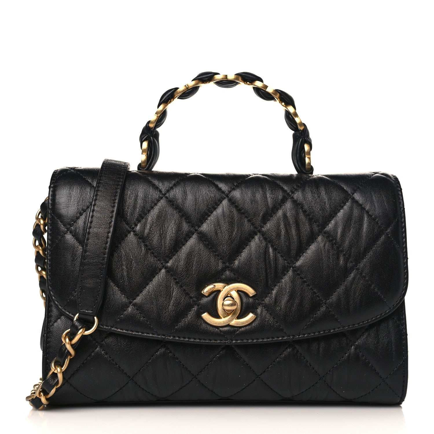 Chanel Crumpled Lambskin Quilted Mini CC Links Top Handle Flap Black 1 of 9