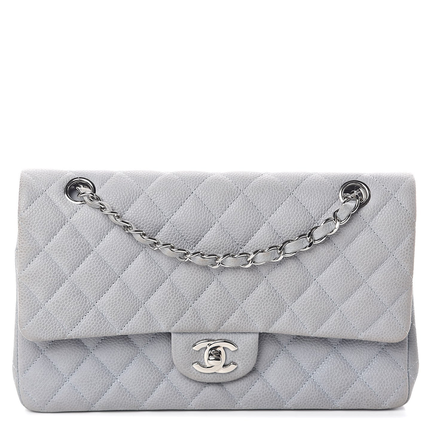 Iridescent Caviar Quilted Medium Double Flap Light Grey