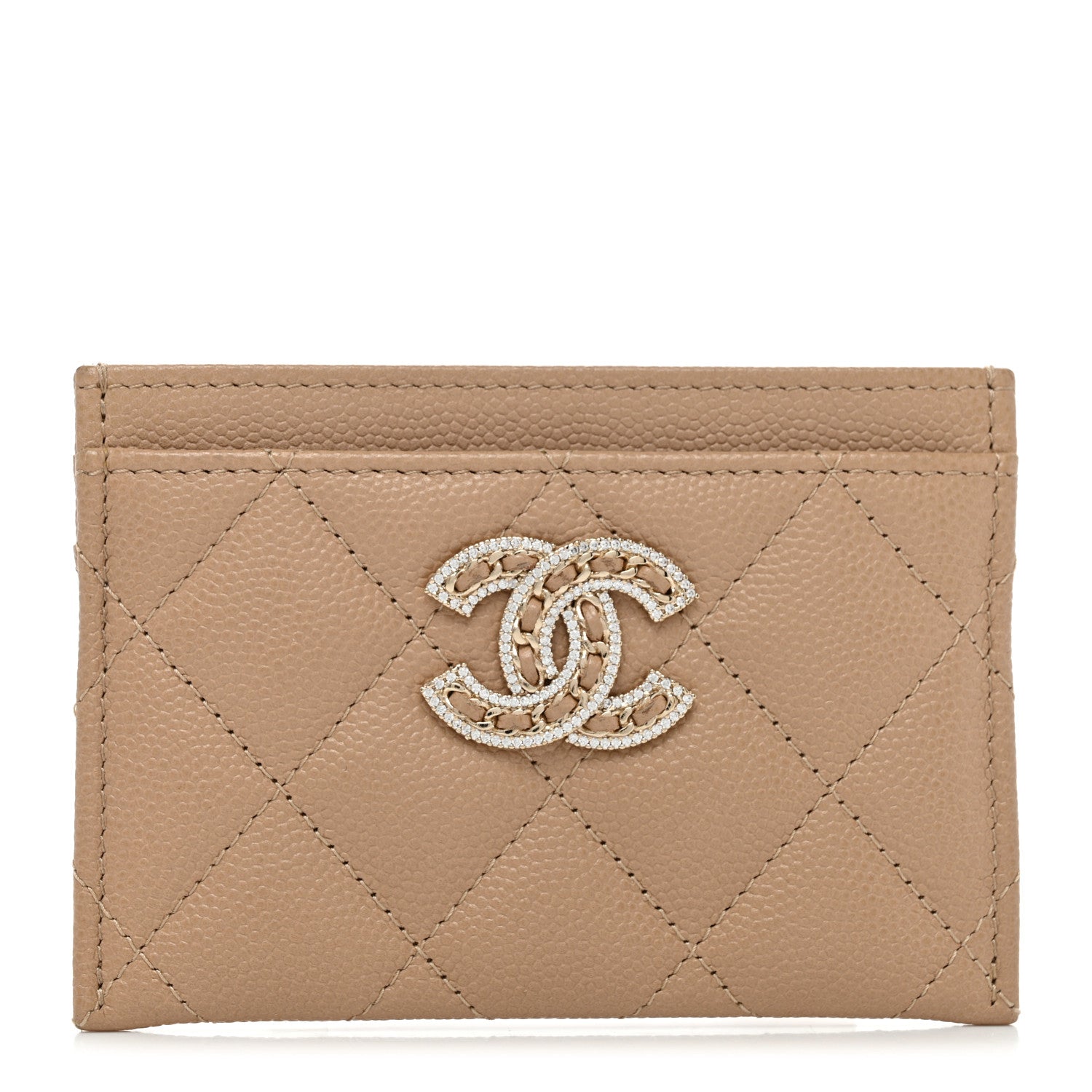 Chanel Caviar Quilted Crystal Card Holder Beige 1 of 9