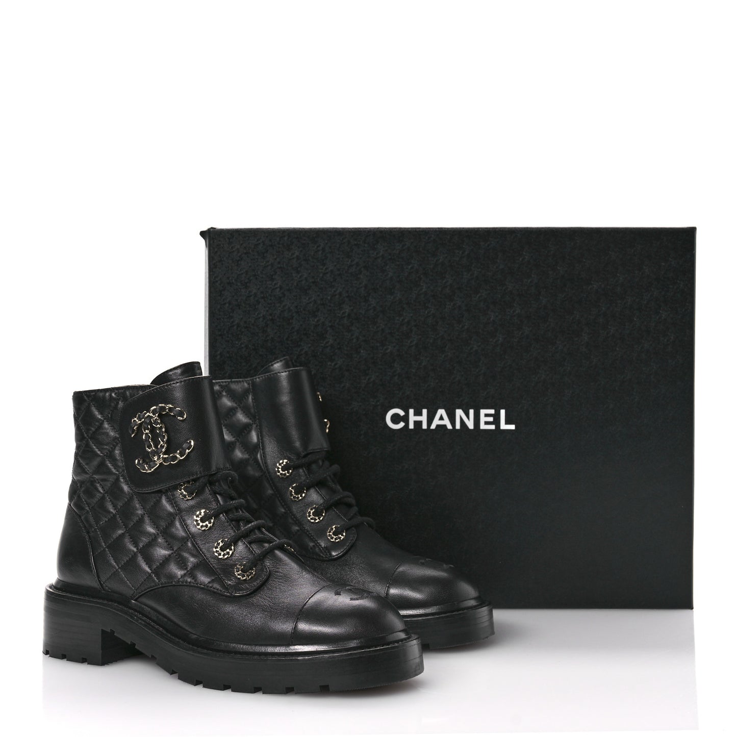 Shiny Calfskin Quilted Lace Up Combat Boots 38.5 Black