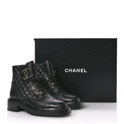 Chanel Shiny Calfskin Quilted Lace Up Combat Boots 38.5 Black 9 of 9