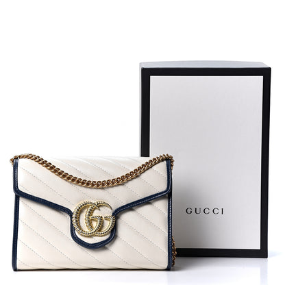 Gucci Vintage Effect Calfskin Matelasse Diagonal Torchon GG Marmont Chain Wallet Mystic White Blue Agata 10 of 10