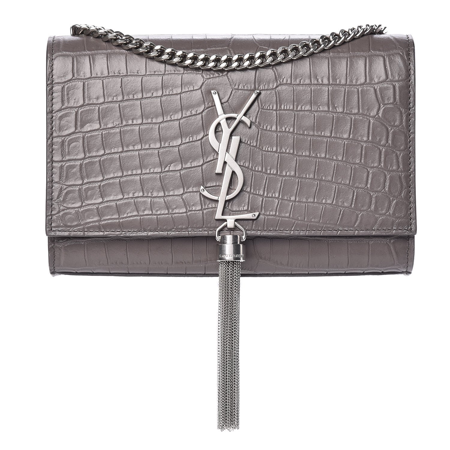 Saint Laurent Calfskin Crocodile Embossed Small Classic Monogram Kate Tassel Satchel Fog 1 of 9