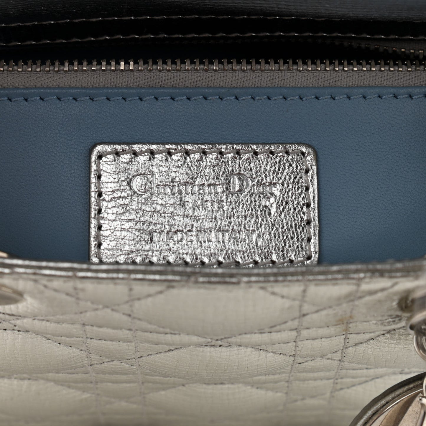 Metallic Grained Calfskin Cannage Small Lucky Badges My Lady Dior Silver