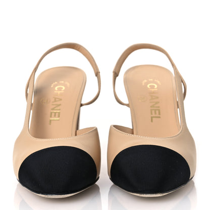 Chanel Lambskin Grosgrain Cap Toe CC Slingback Pumps 37 Beige Black 3 of 13