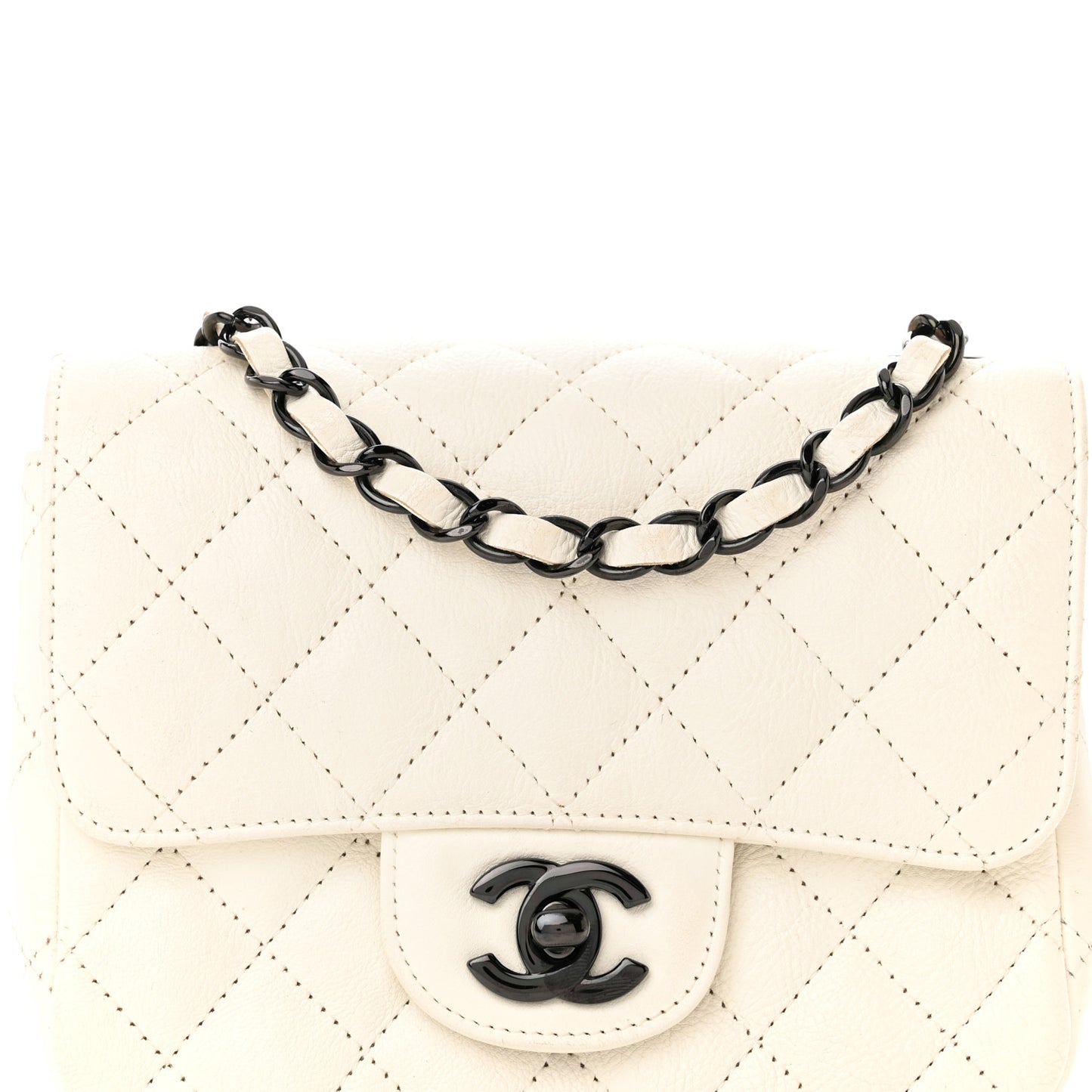 Crumpled Calfskin Quilted Mini Square Flap White