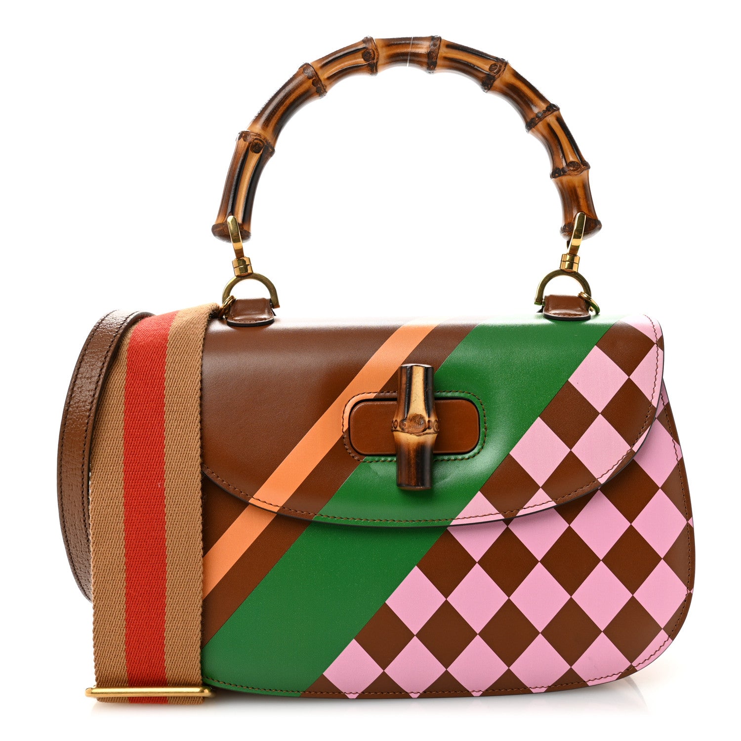 Gucci Calfskin Geometric Print Medium Bamboo 1947 Top Handle Bag Brown 1 of 13