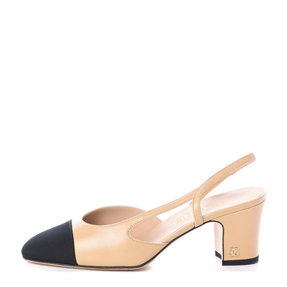 Chanel Goatskin Grosgrain Cap Toe CC Slingback Pumps 36 Beige Black 1 of 7