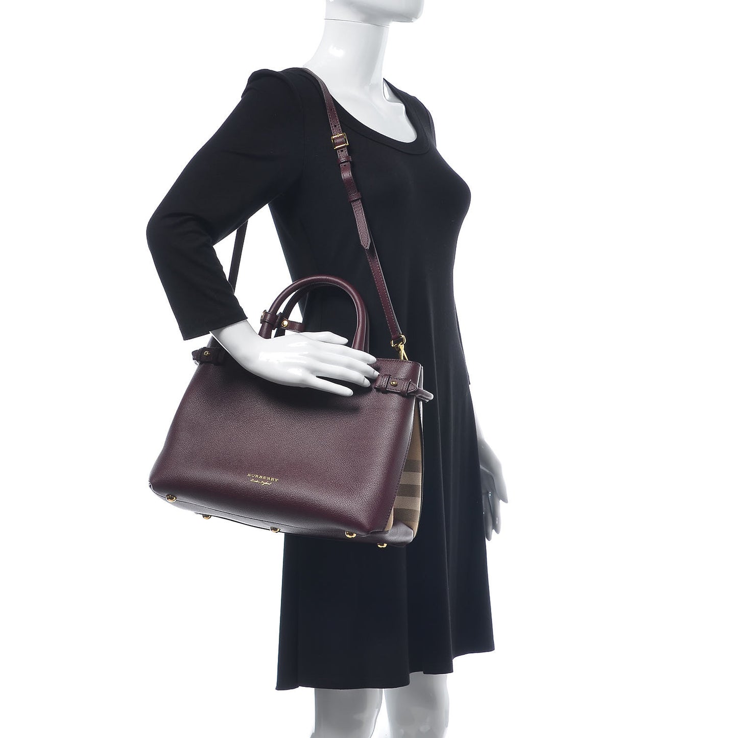 Grainy Calfskin House Check Medium Banner Tote Mahogany Red