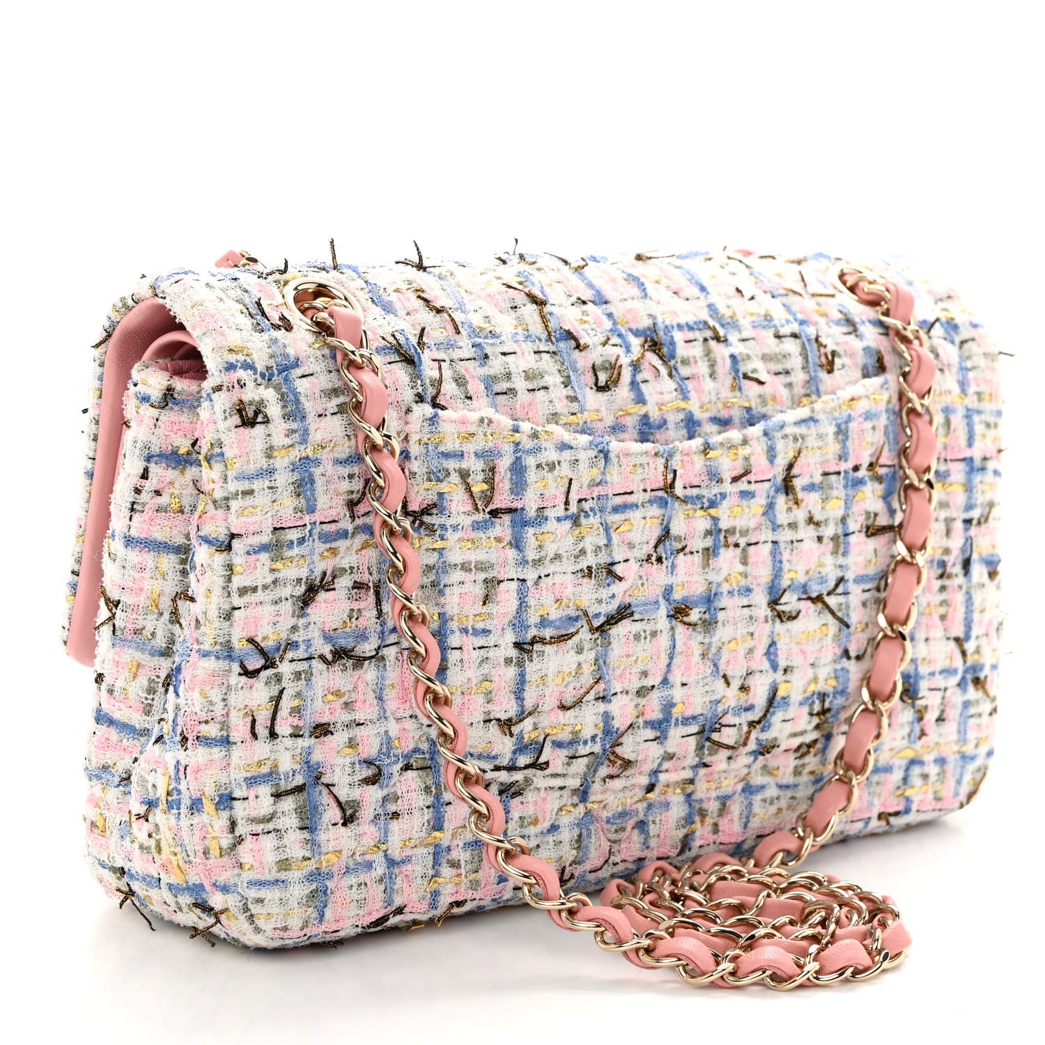Chanel Tweed Quilted Medium Double Flap Blue Pink Gold White 3 of 11