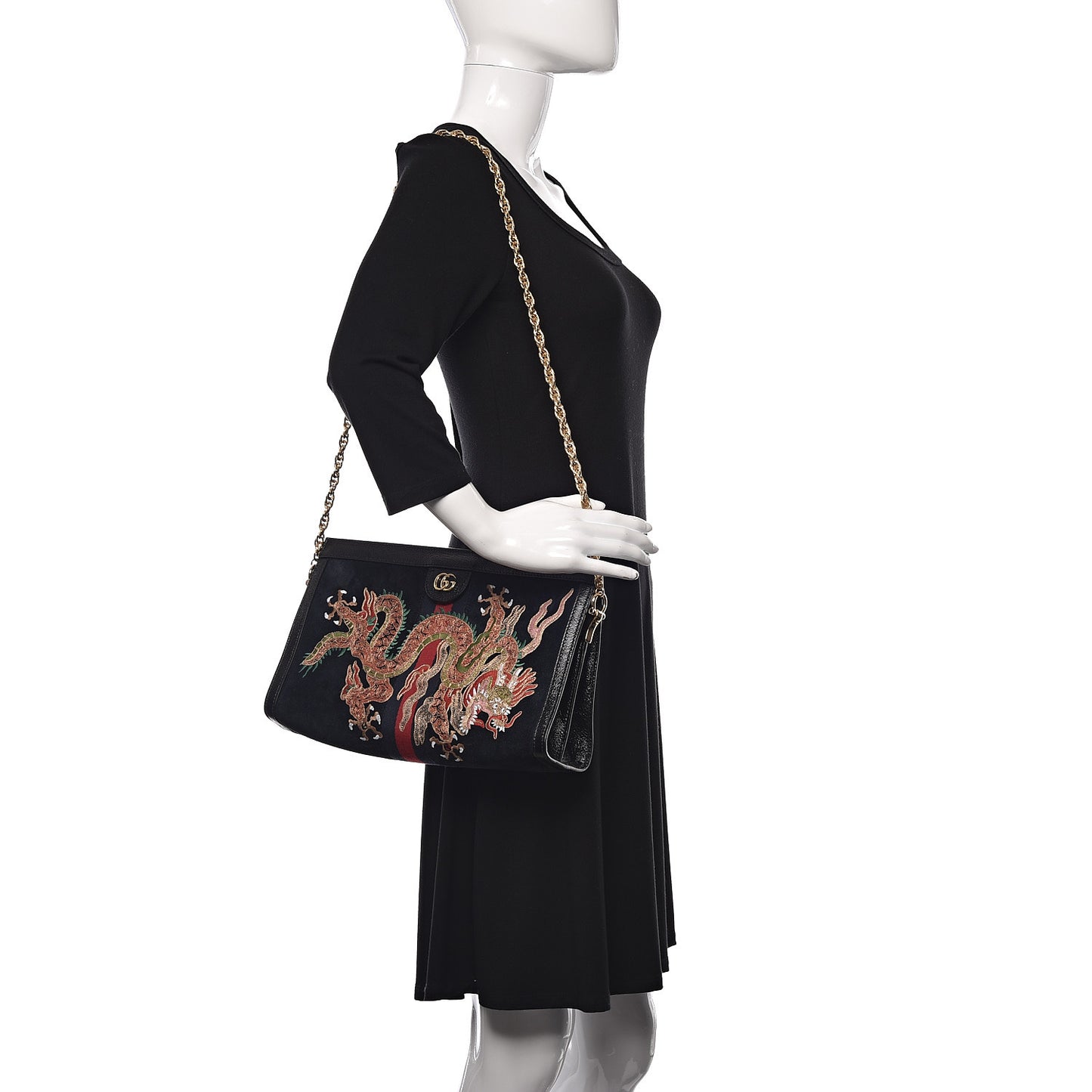 Suede Patent Web Dragon Embroidered Medium Ophidia Chain Shoulder Bag Blue Multicolor Black