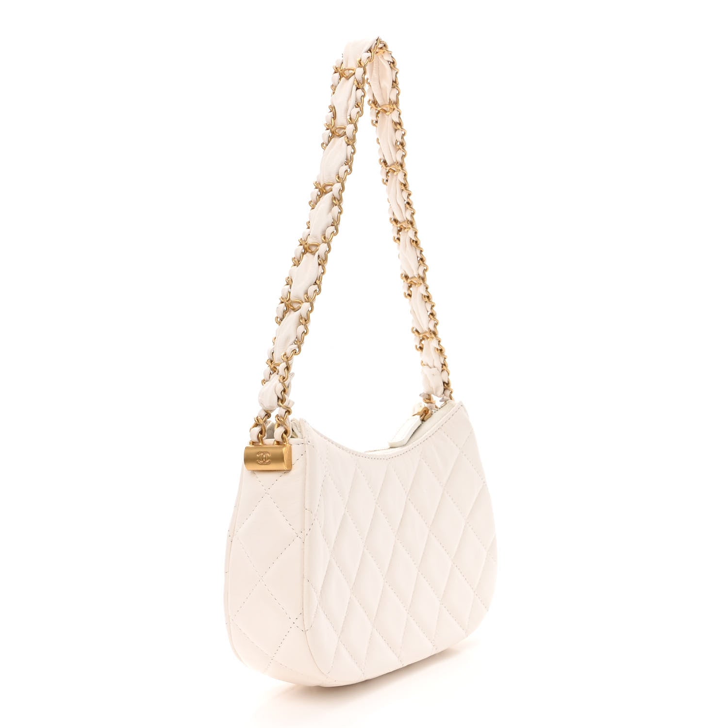 Chanel Crumpled Calfskin Quilted Braided CC Small Hobo White 3 of 12
