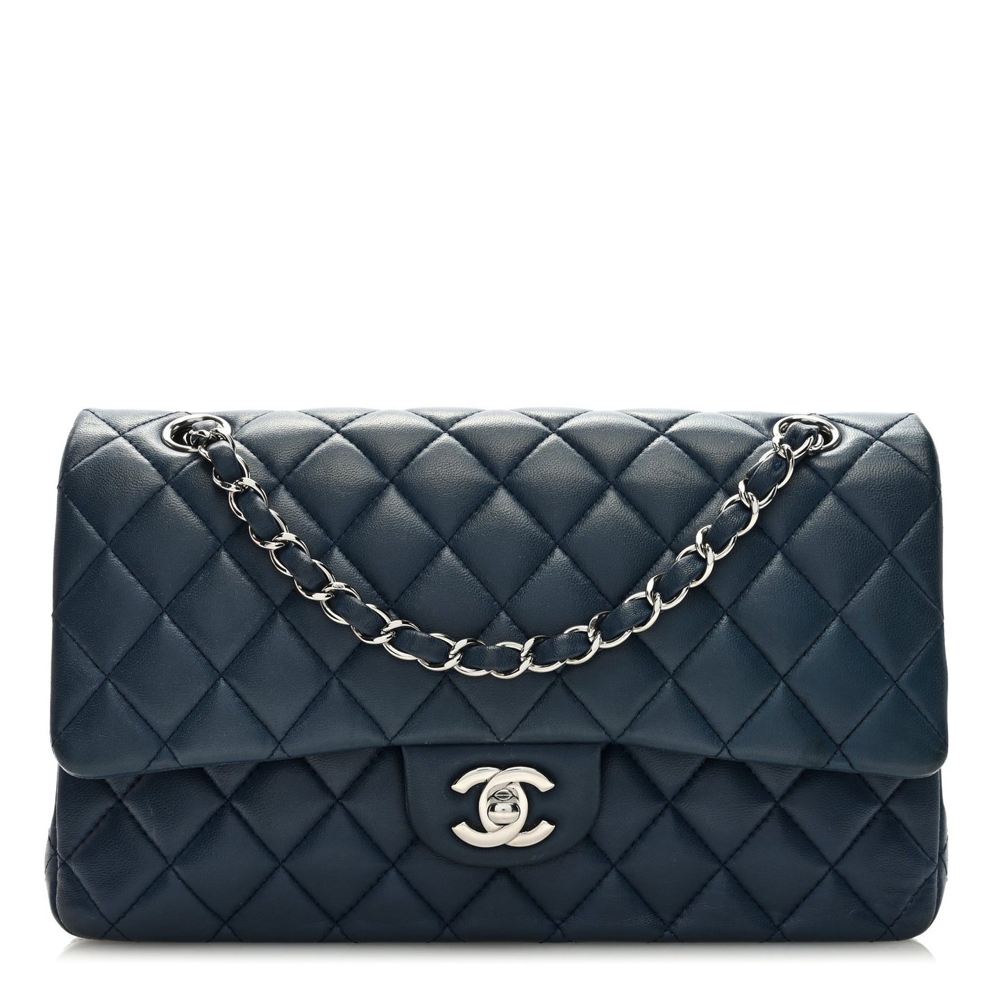 Lambskin Quilted Medium Double Flap Dark Blue