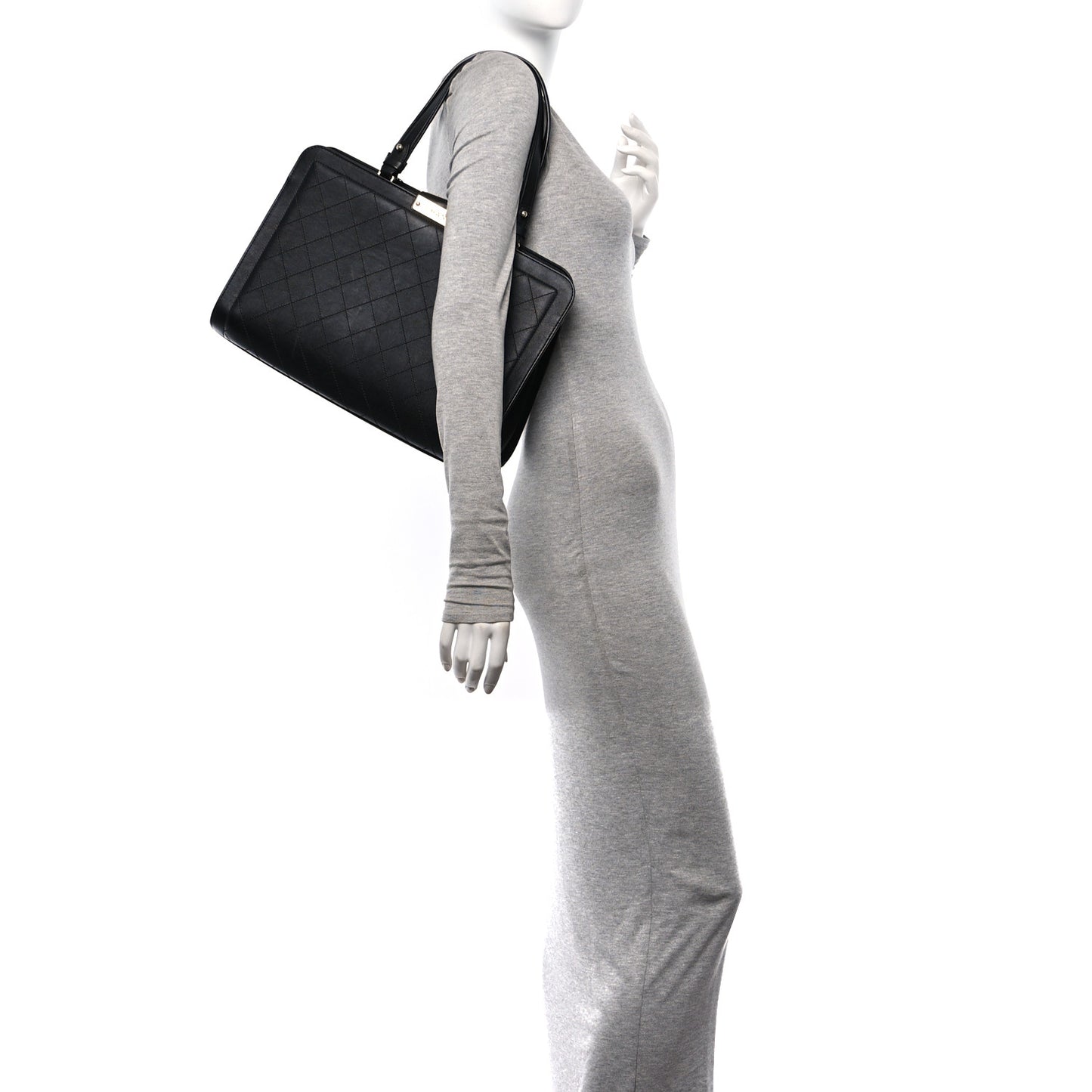 Grained Calfskin Stitched Large Label Click Shopper Tote Black
