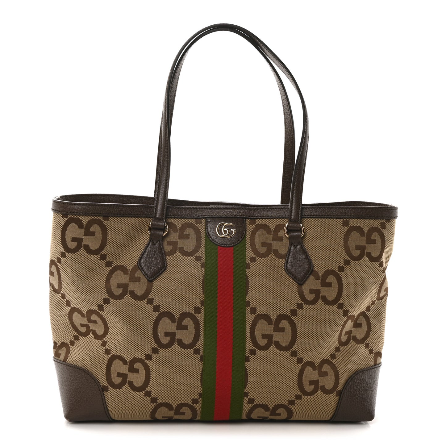 Monogram Jumbo GG Textured Dollar Calfskin Web Medium Ophidia Shopping Tote Camel Ebony