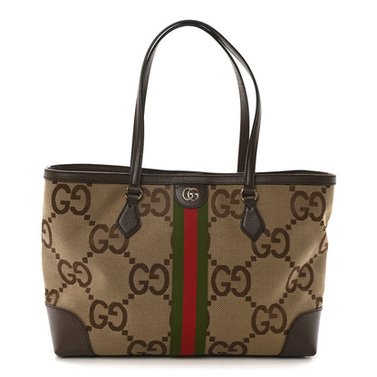 Gucci Monogram Jumbo GG Textured Dollar Calfskin Web Medium Ophidia Shopping Tote Camel Ebony 1 of 10