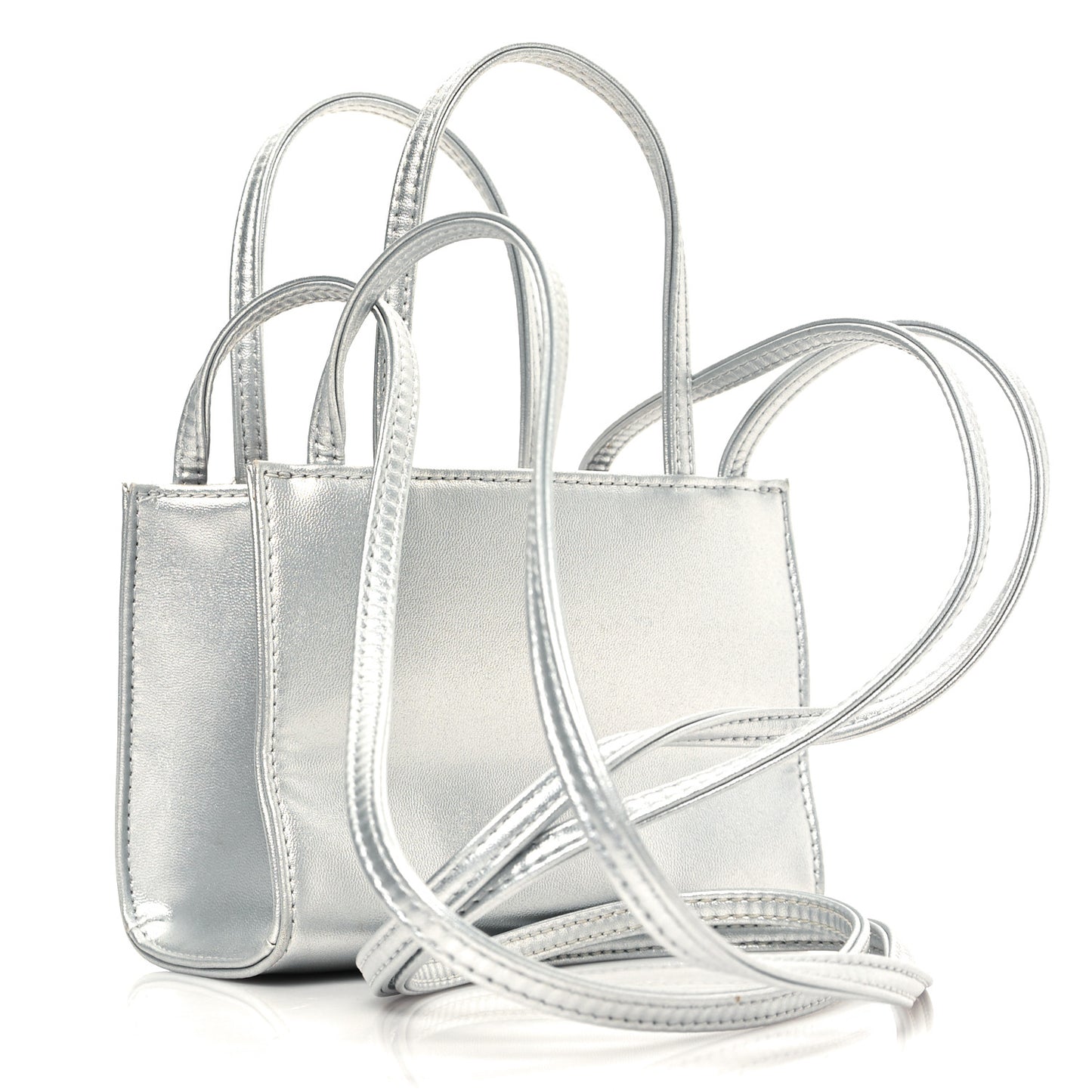 Metallic Vegan Leather Small Shopping Bag Silver