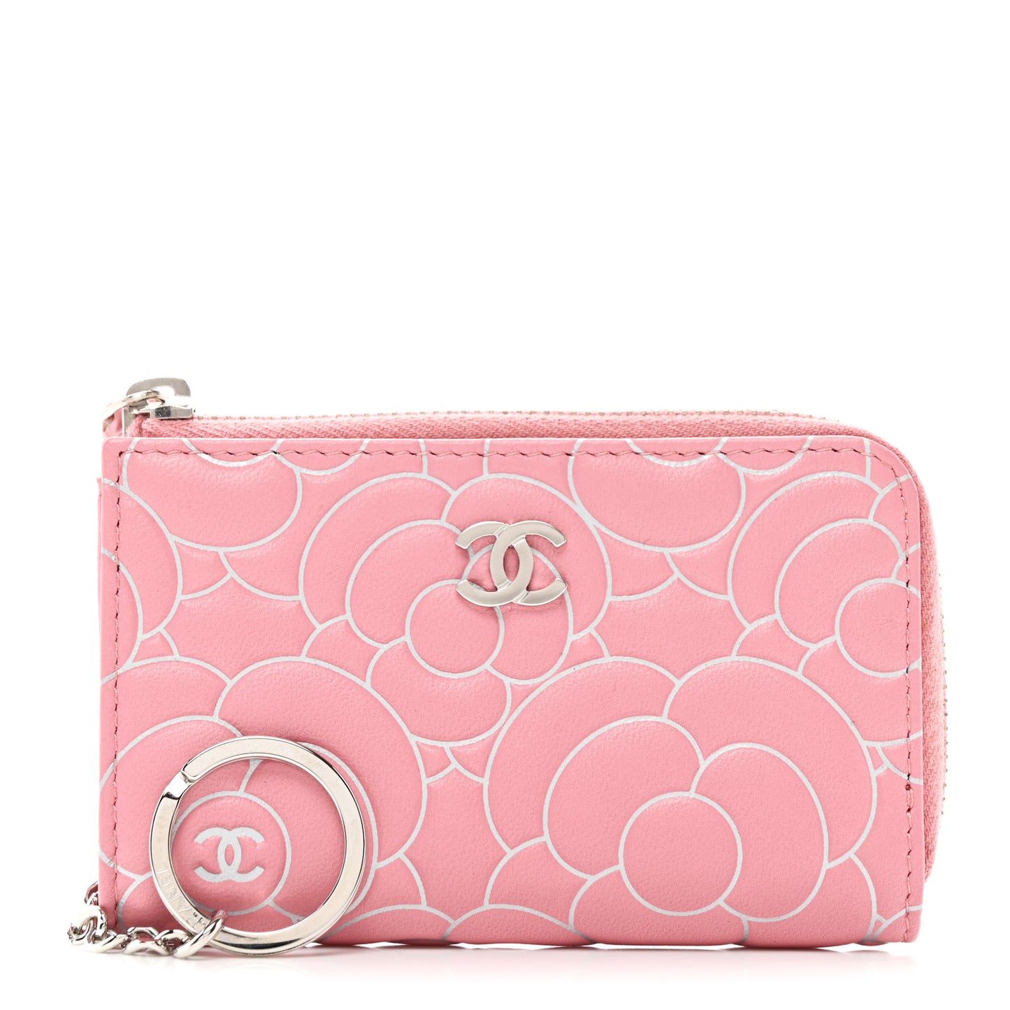 Lambskin Camellia Embossed Key Holder Case Pink