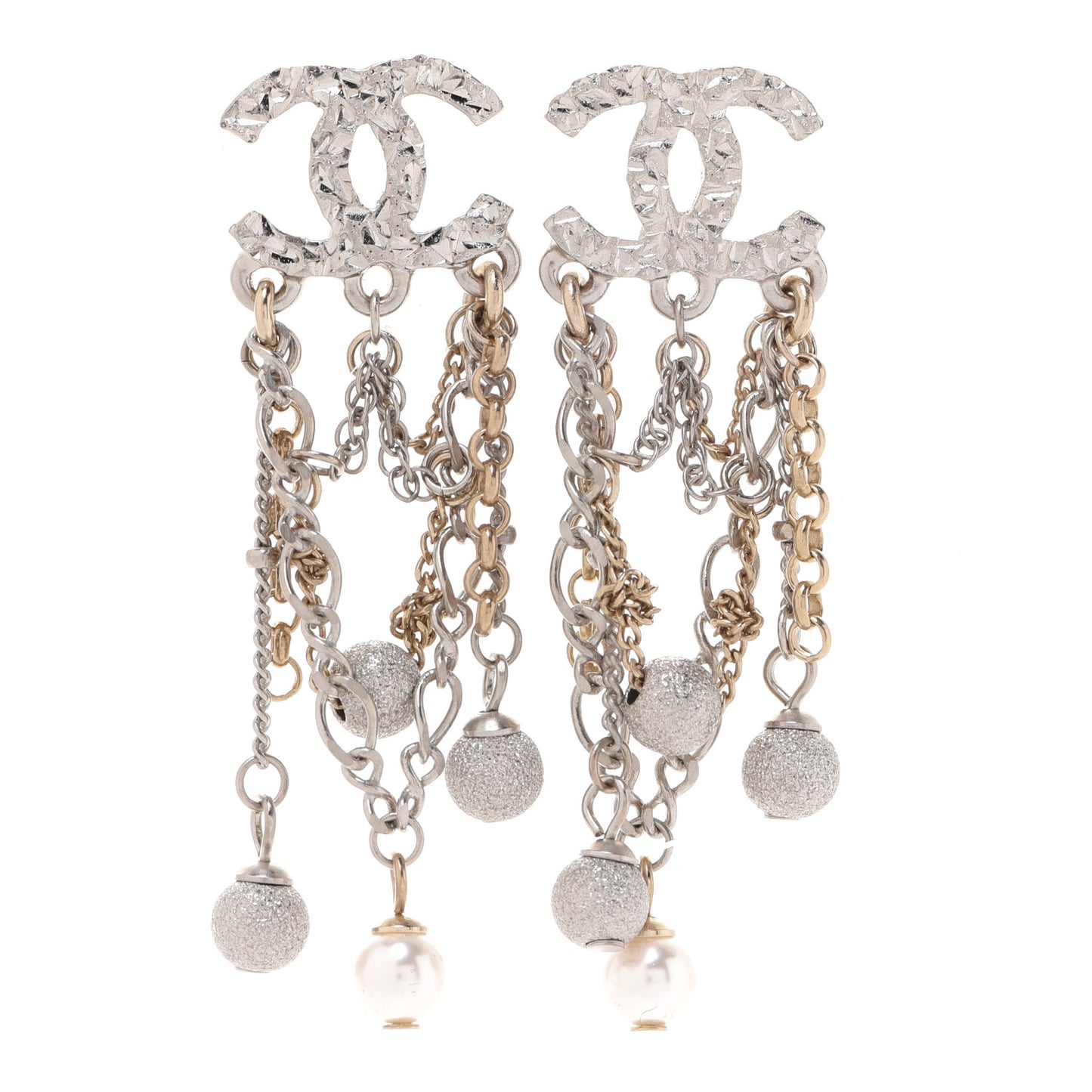 Pearl Beaded Chain CC Dangle Earrings Gold Silver