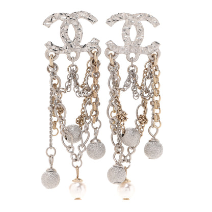 Chanel Pearl Beaded Chain CC Dangle Earrings Gold Silver 1 of 5