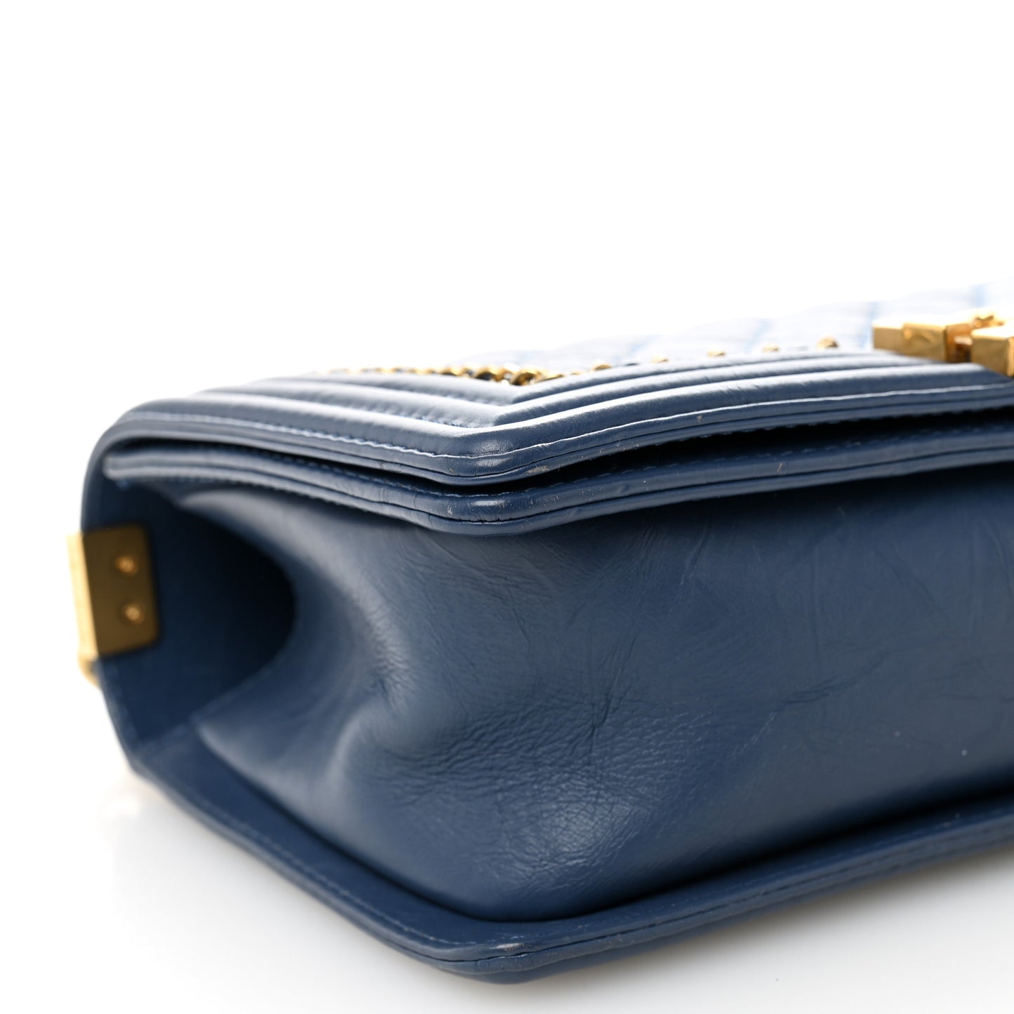 Aged Calfskin Quilted Medium Chain Detail Boy Flap Blue