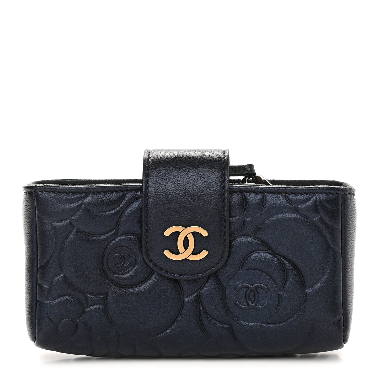 Lambskin Camellia Embossed Mini Phone Holder Clutch Dark Blue