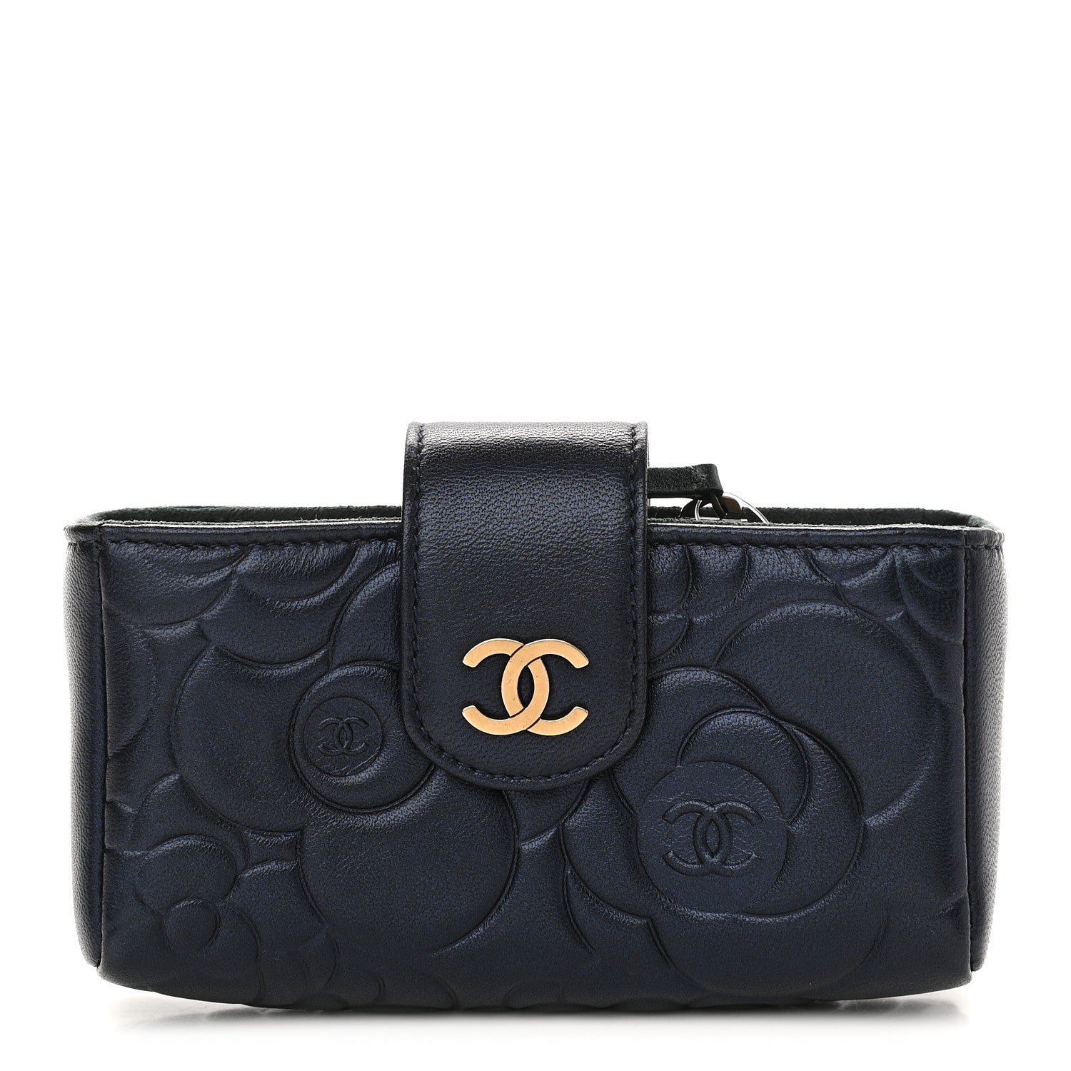 Chanel Lambskin Camellia Embossed Mini Phone Holder Clutch Dark Blue 1 of 7