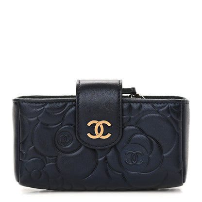Chanel Lambskin Camellia Embossed Mini Phone Holder Clutch Dark Blue 1 of 7