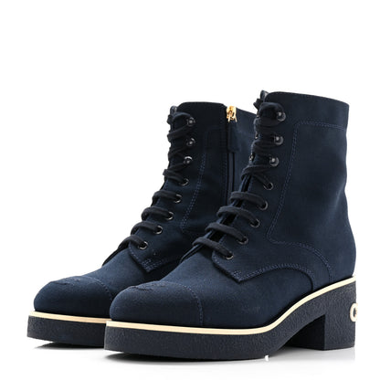 Chanel Fabric Lace Up Combat Boots 38 Navy Blue 3 of 16