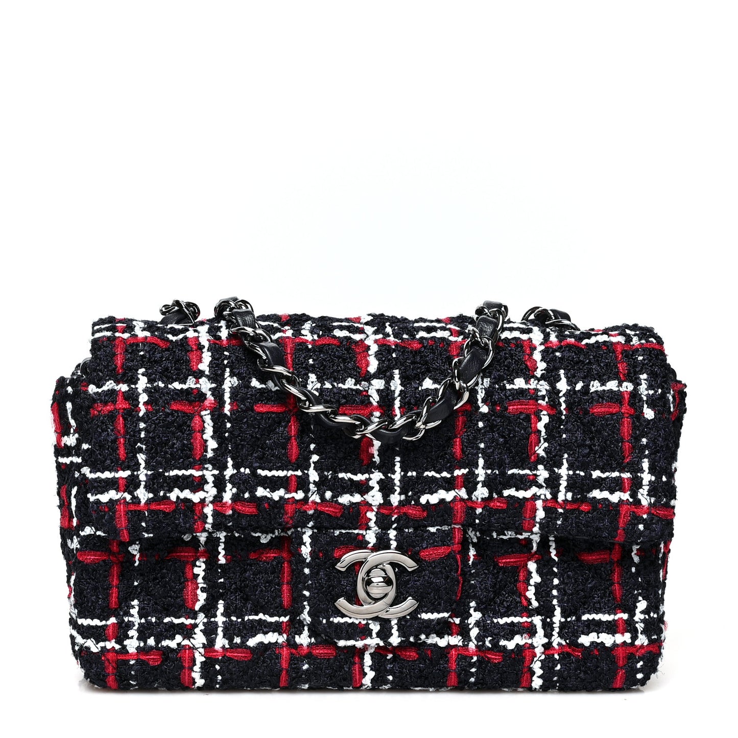 Tweed Quilted Mini Rectangular Flap Navy Blue White Red