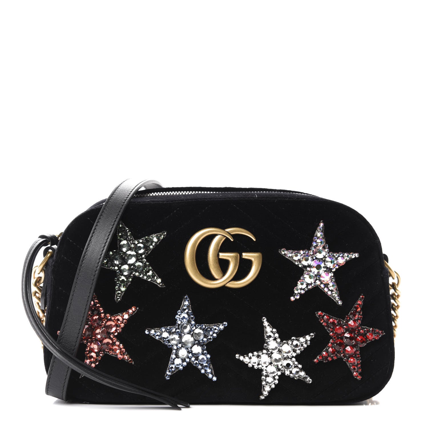 Gucci Velvet Matelasse Crystal Star Embroidered Small GG Marmont Chain Shoulder Bag Black 1 of 10