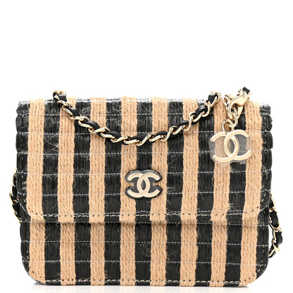Chanel Raffia Jute Striped Belt Bag Black Beige 1 of 12