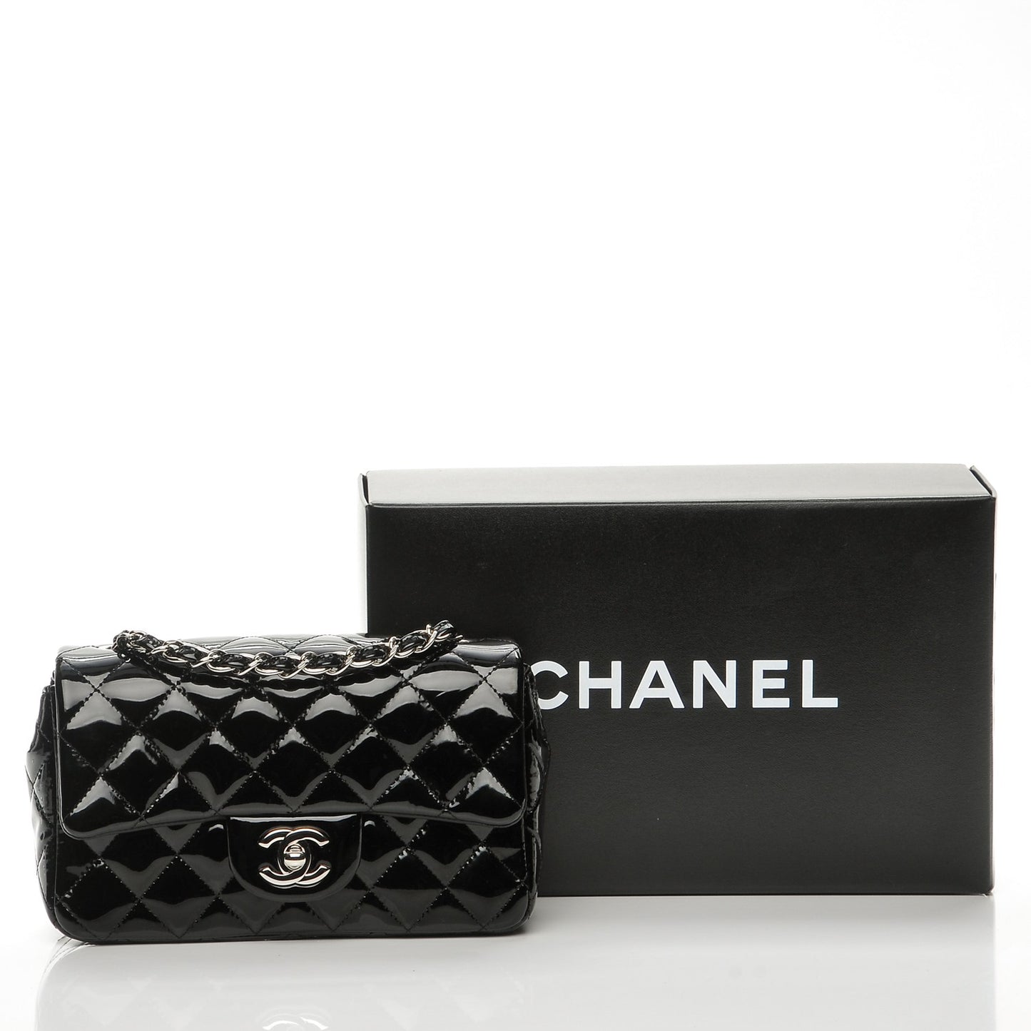 Patent Calfskin Quilted Mini Rectangular Flap Black