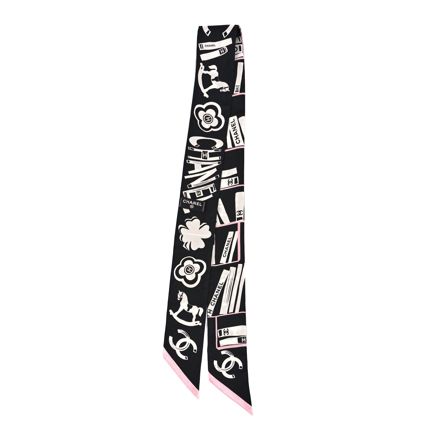 Chanel Silk CC Logo Slim Bandeau Scarf White Pink Black 2 of 3