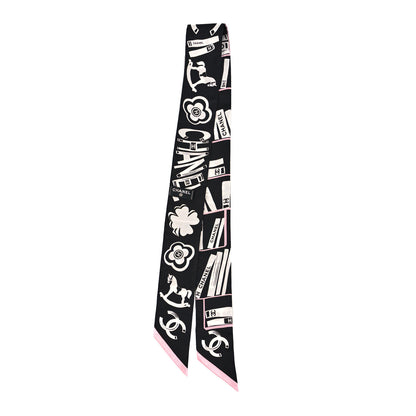 Chanel Silk CC Logo Slim Bandeau Scarf White Pink Black 2 of 3