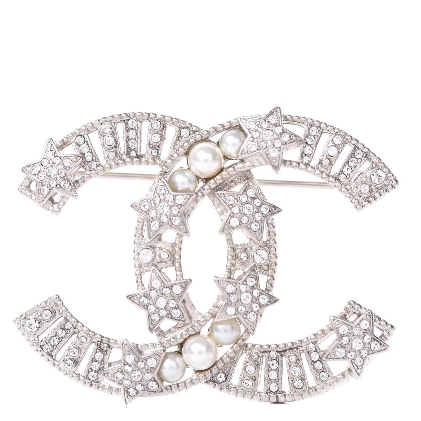Crystal Pearl CC Star Coco Flapper Brooch Silver