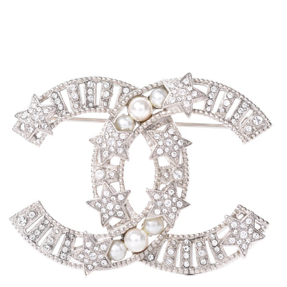 Chanel Crystal Pearl CC Star Coco Flapper Brooch Silver 1 of 3