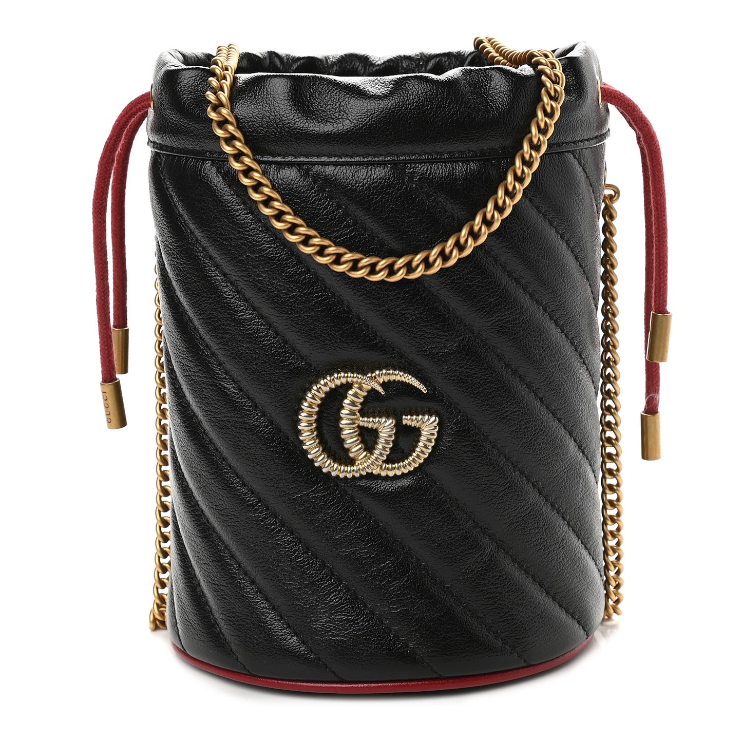 Vintage Effect Calfskin Matelasse Diagonal Mini Torchon GG Marmont 2.0 Bucket Bag Black Romantic Cherry