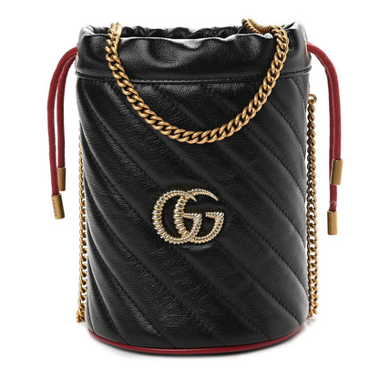 Gucci Vintage Effect Calfskin Matelasse Diagonal Mini Torchon GG Marmont 2.0 Bucket Bag Black Romantic Cherry 1 of 9